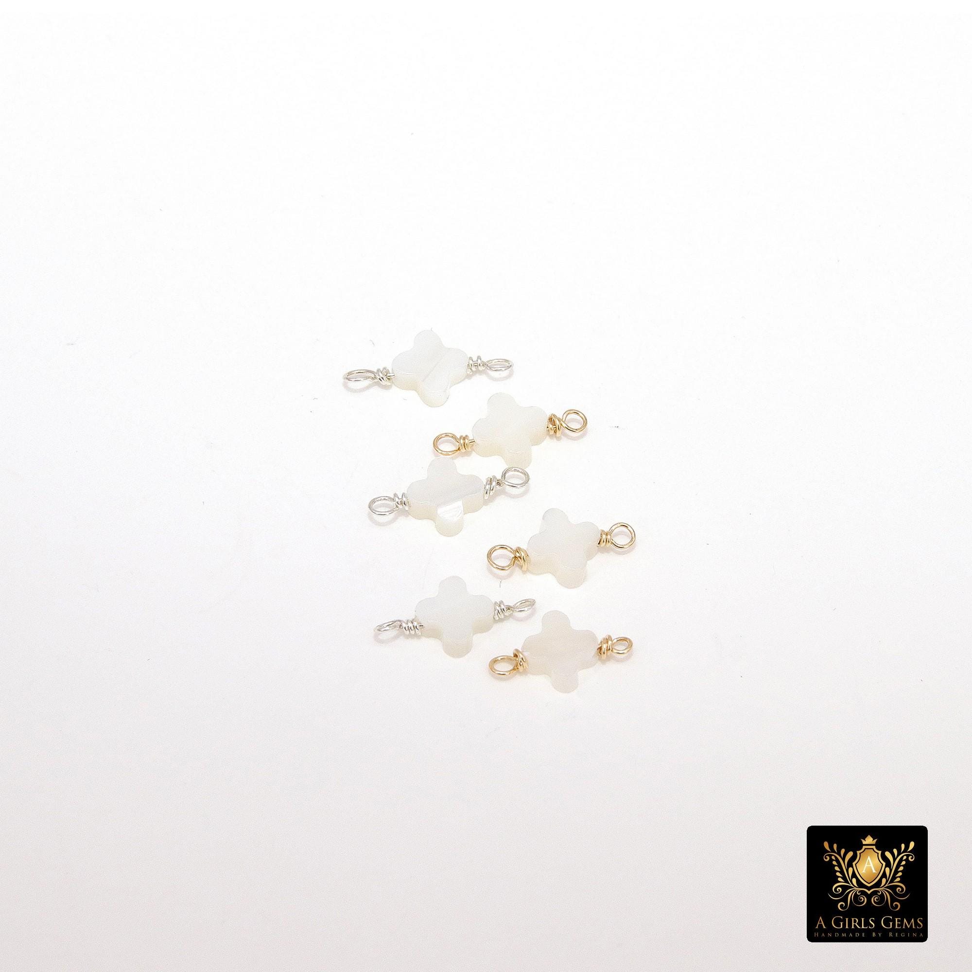14 K Gold Filled Clover Connector, 925 Sterling Silver Handmade Wire Wrapped Mother of Pearl Quatrefoil, Clover Links, Permanent Jewelry
