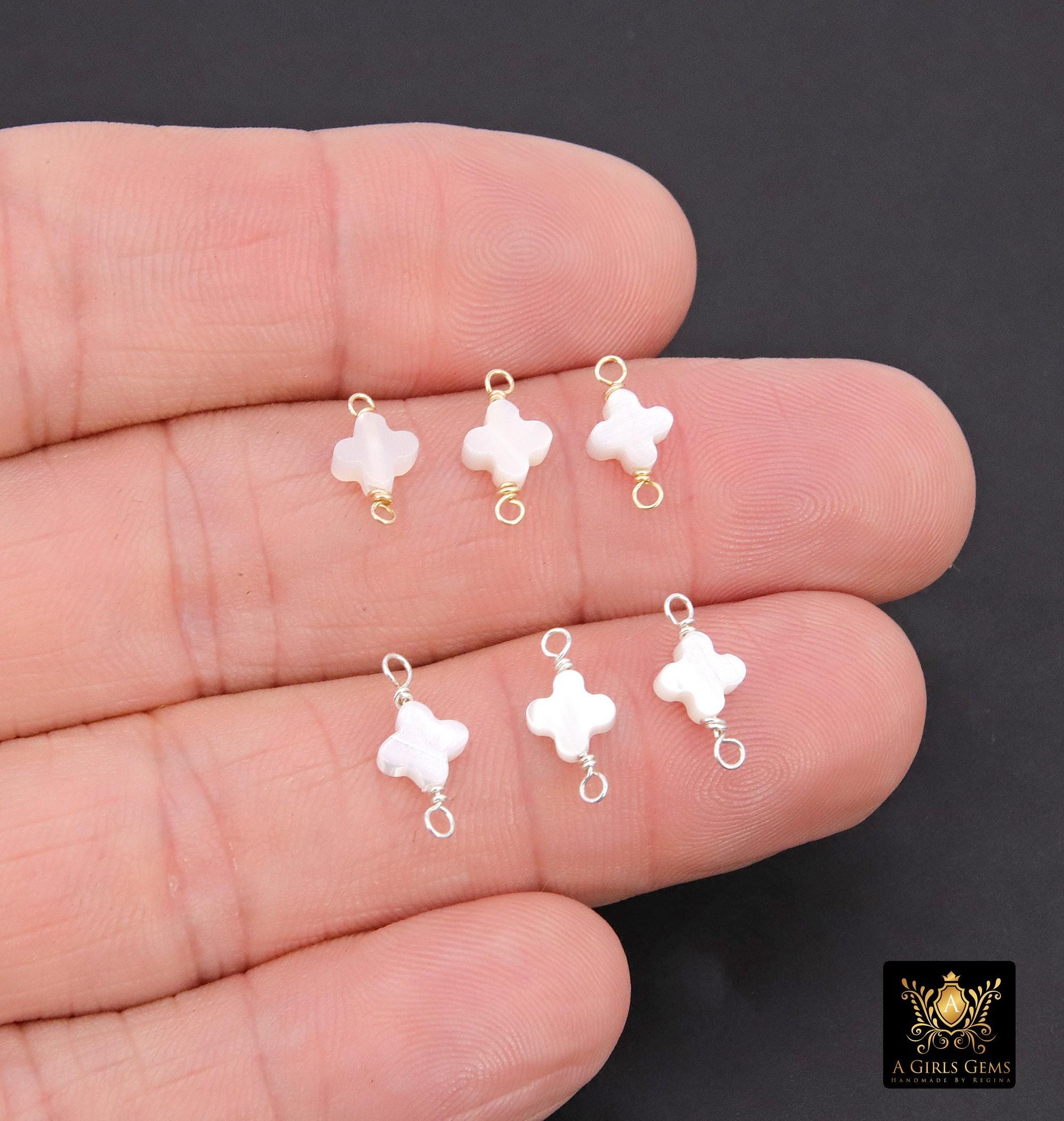 14 K Gold Filled Clover Connector, 925 Sterling Silver Handmade Wire Wrapped Mother of Pearl Quatrefoil, Beaded Clover Links, Permanent Jewelry Bead Links Findings