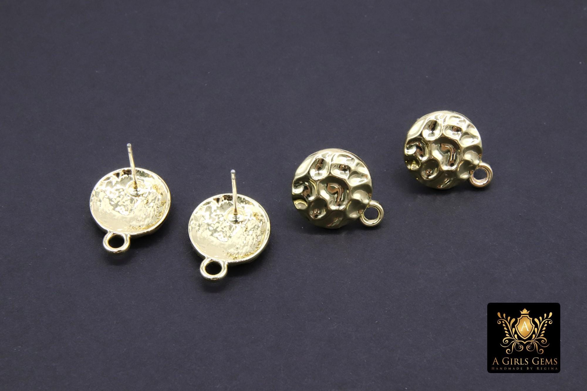 Gold Post Stud Earring Findings, 6 Pieces 13 mm Gold Plated Round or Textured Square #3634, Hammered Round Post Earrings, Loops For Charms
