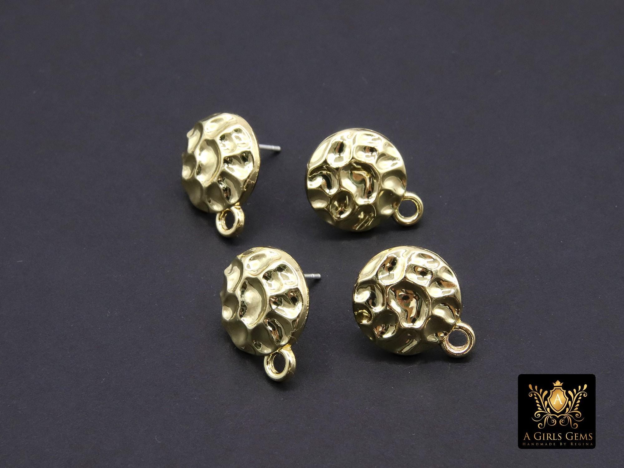 Gold Post Stud Earring Findings, 6 Pieces 13 mm Gold Plated Round or Textured Square #3634, Hammered Round Post Earrings, Loops For Charms