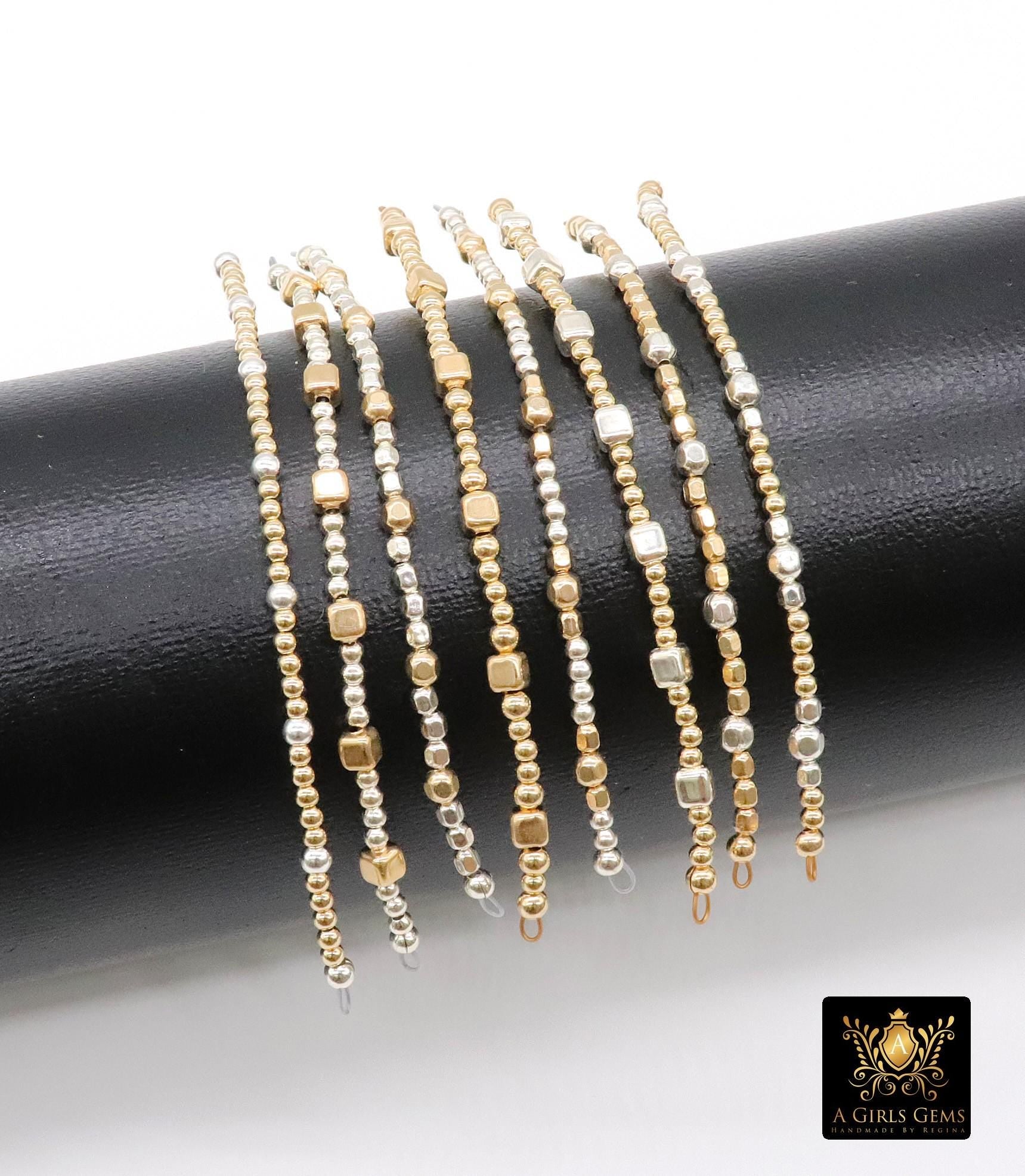 14 K Gold Filled Beaded Connectors, Long Bar 925 Sterling Silver Square Faceted Nuggets #3618, Permanent Jewelry