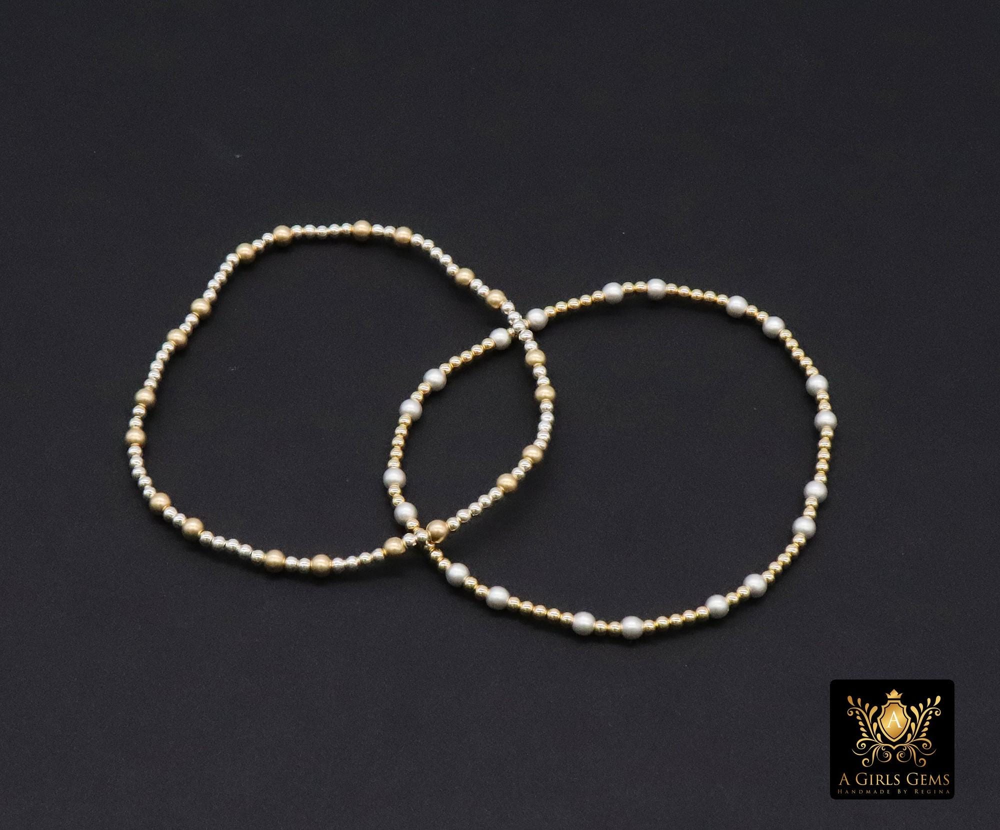 14K Gold Filled Matte Beaded Bracelet, 925 Sterling Silver Mixed Metal Stretchy Women's Bangle, Stacking Bracelets, Hand Made