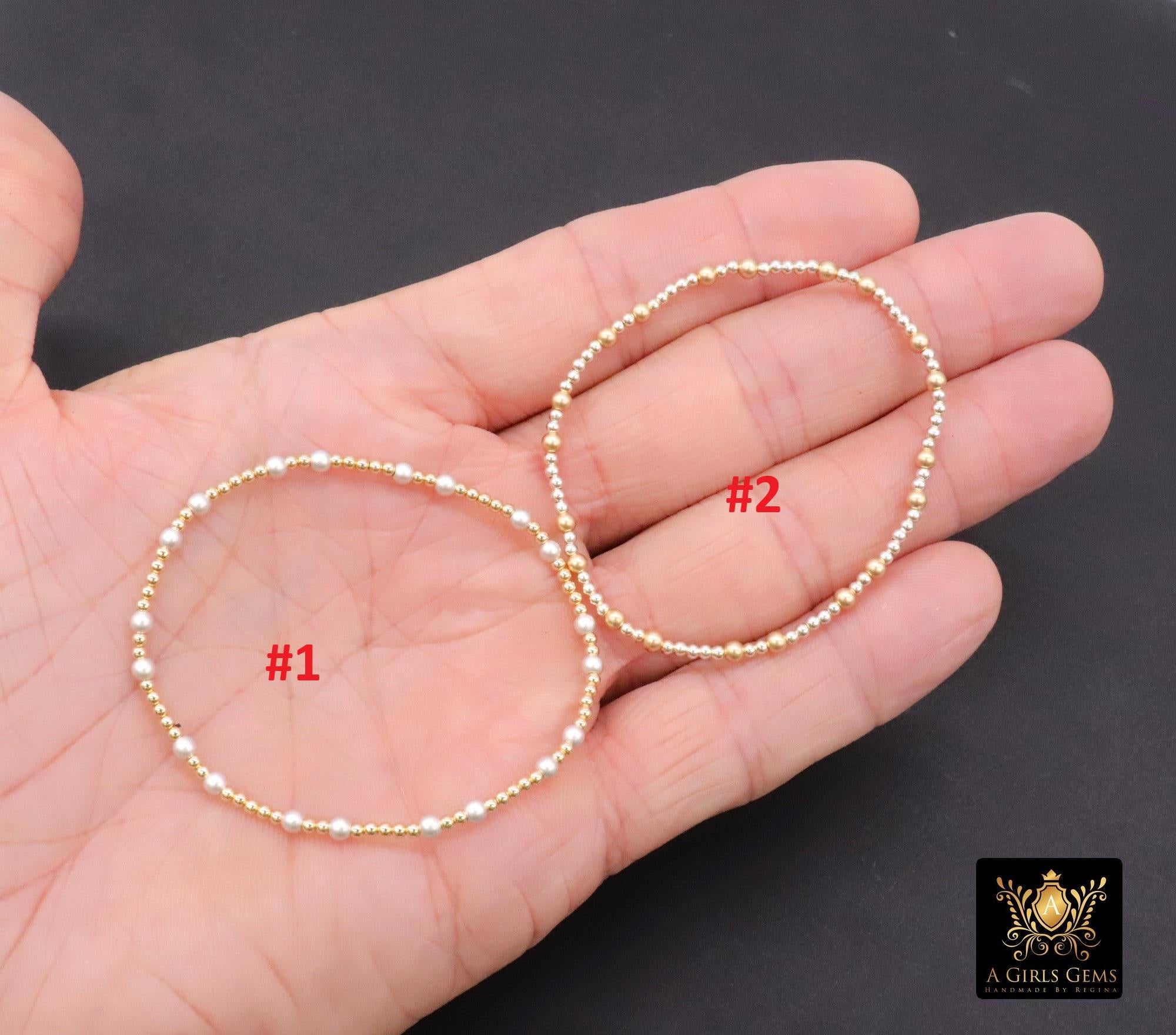 14K Gold Filled Matte Beaded Bracelet, 925 Sterling Silver Mixed Metal Stretchy Women's Bangle, Stacking Bracelets, Hand Made