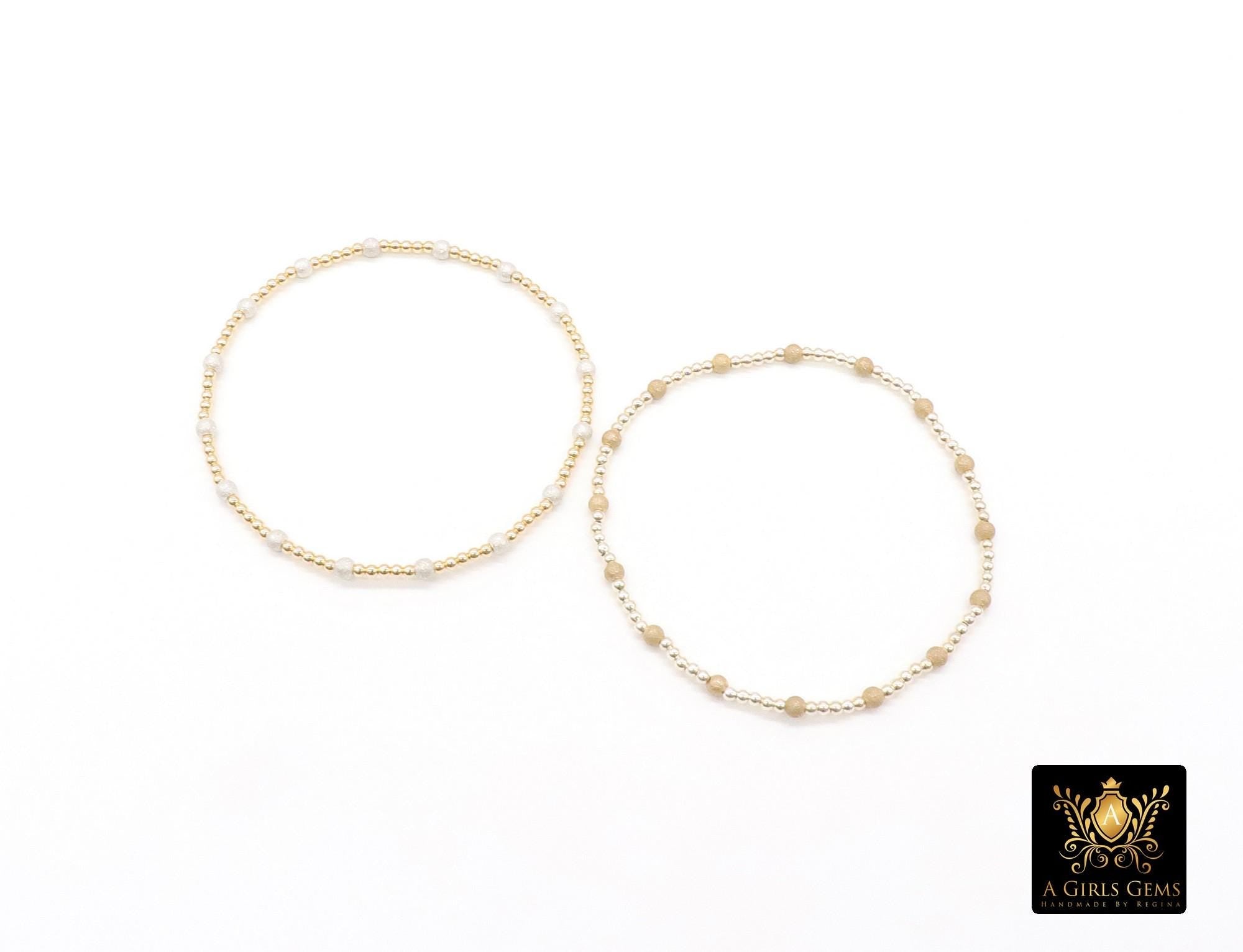 14K Gold Filled Stardust Beaded Bracelet, 925 Sterling Silver Mixed Metal Glittery Stretchy Women's Bangle, Stacking Bracelets