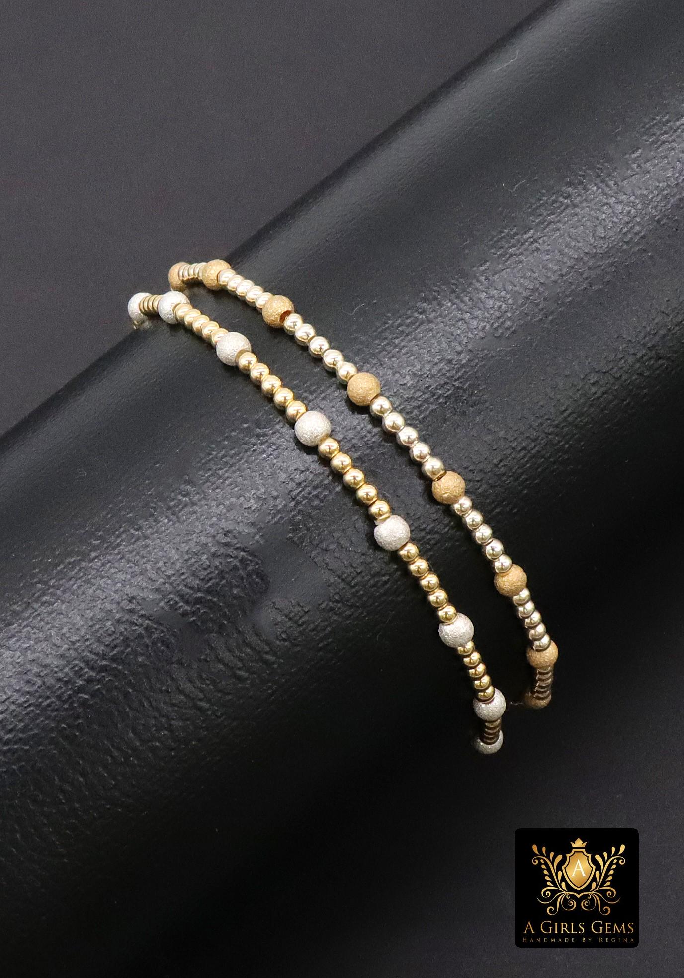 14K Gold Filled Stardust Beaded Bracelet, 925 Sterling Silver Mixed Metal Glittery Stretchy Women's Bangle, Stacking Bracelets