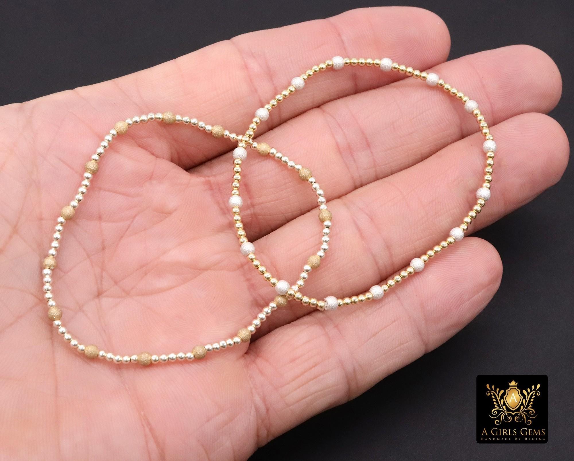 14K Gold Filled Stardust Beaded Bracelet, 925 Sterling Silver Mixed Metal Glittery Stretchy Women's Bangle, Stacking Bracelets