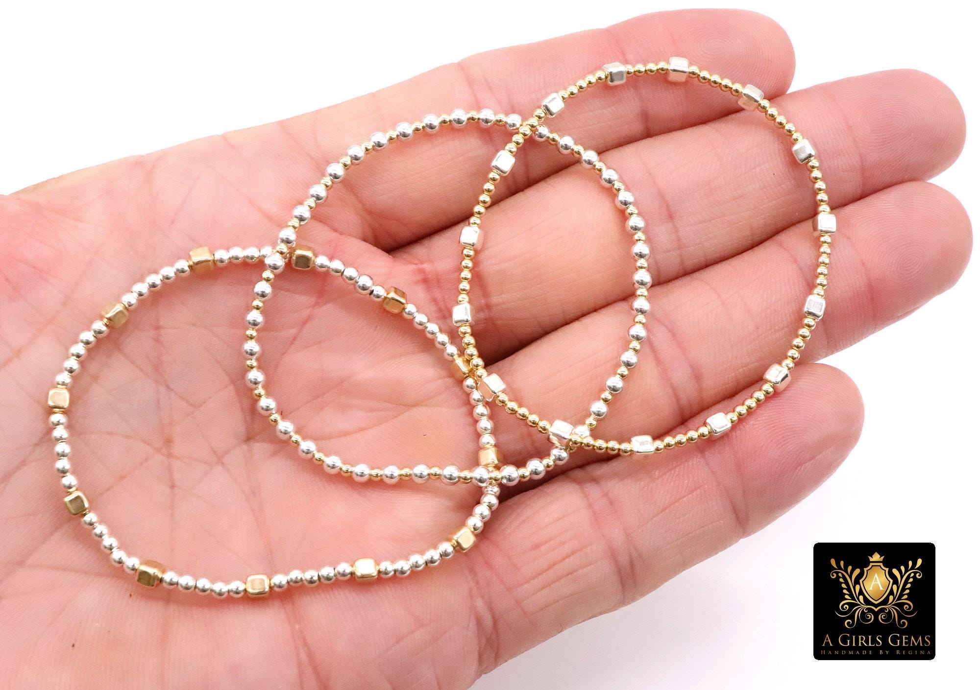 14K Gold Filled Cube Beaded Bracelet, 925 Sterling Silver Mixed Metal Stretchy Women's Bangle, Square Bead Stacking Bracelets, Handmade