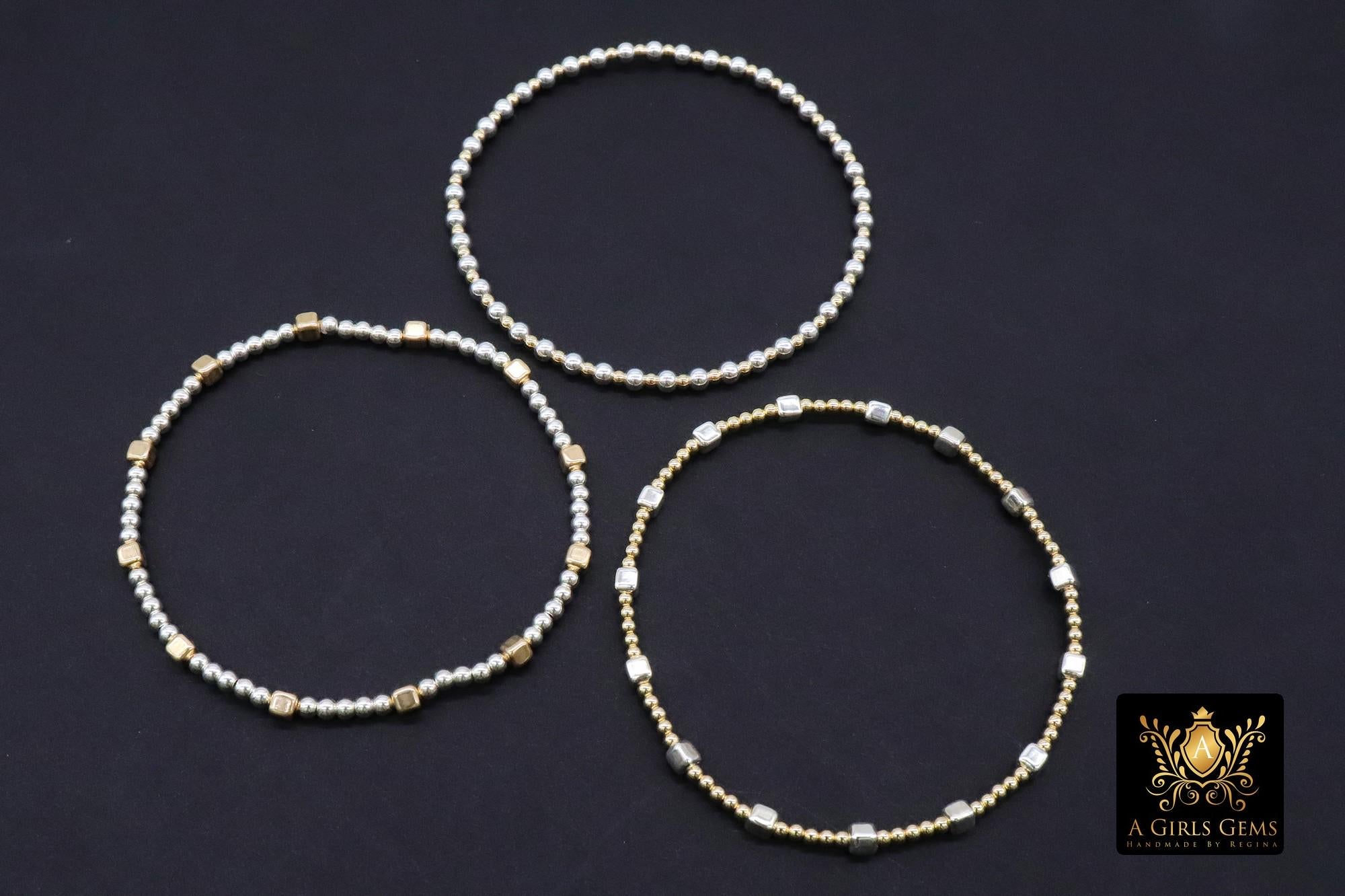 14K Gold Filled Cube Beaded Bracelet, 925 Sterling Silver Mixed Metal Stretchy Women's Bangle, Square Bead Stacking Bracelets, Handmade