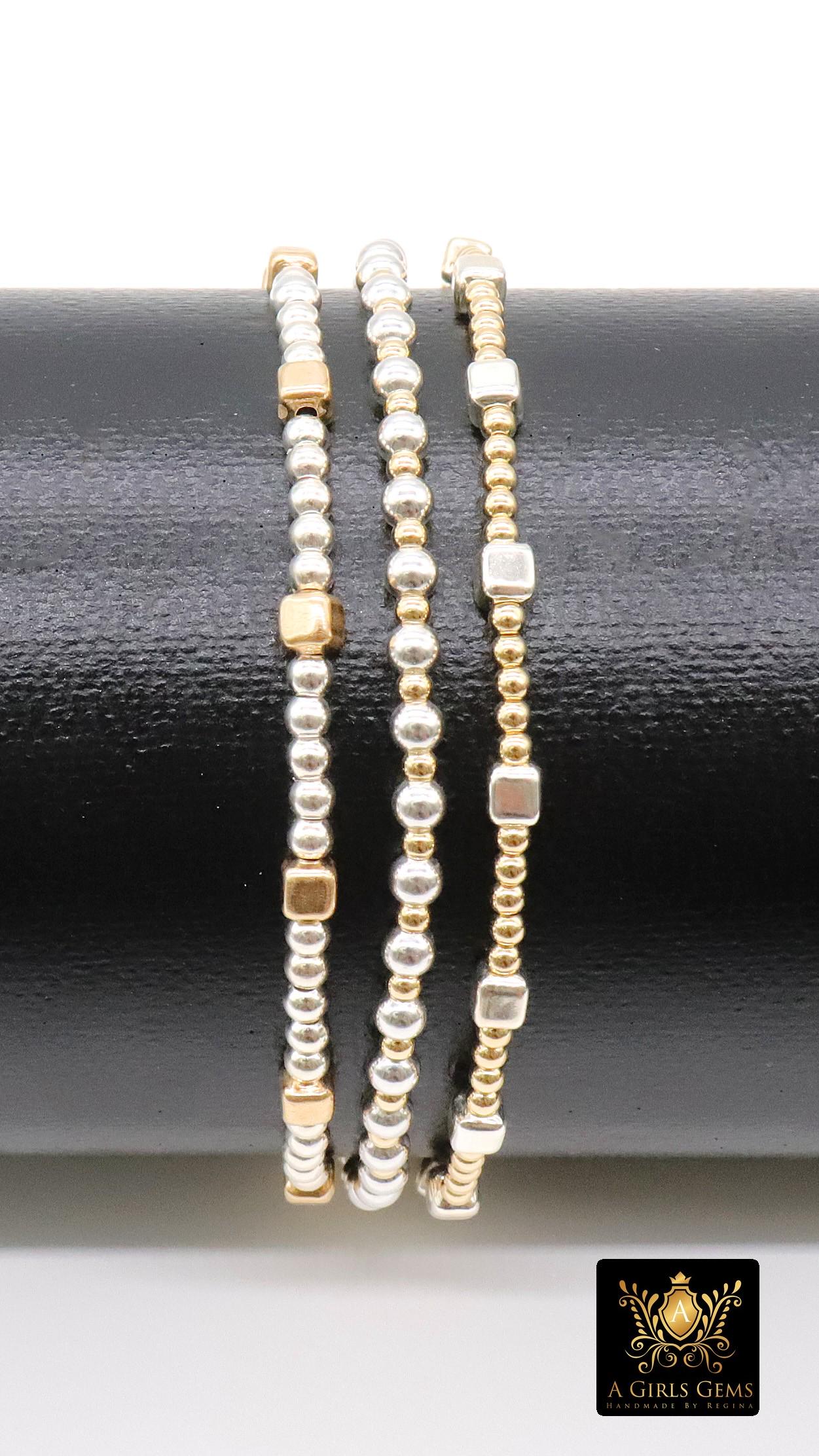 14K Gold Filled Cube Beaded Bracelet, 925 Sterling Silver Mixed Metal Stretchy Women's Bangle, Square Bead Stacking Bracelets, Handmade