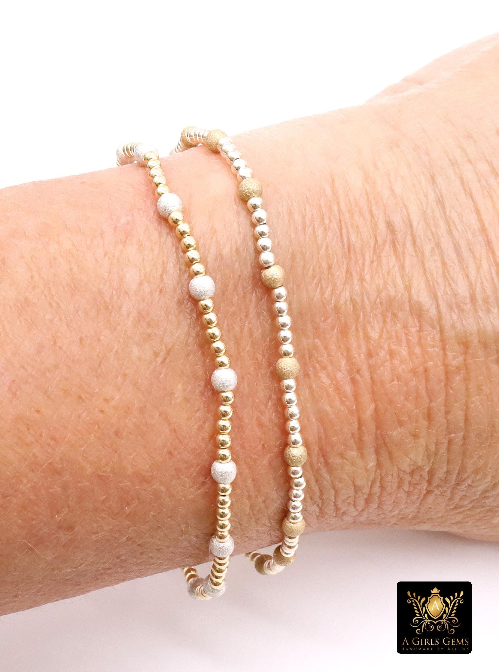 14K Gold Filled Stardust Beaded Bracelet, 925 Sterling Silver Mixed Metal Glittery Stretchy Women's Bangle, Stacking Bracelets, Hand Made