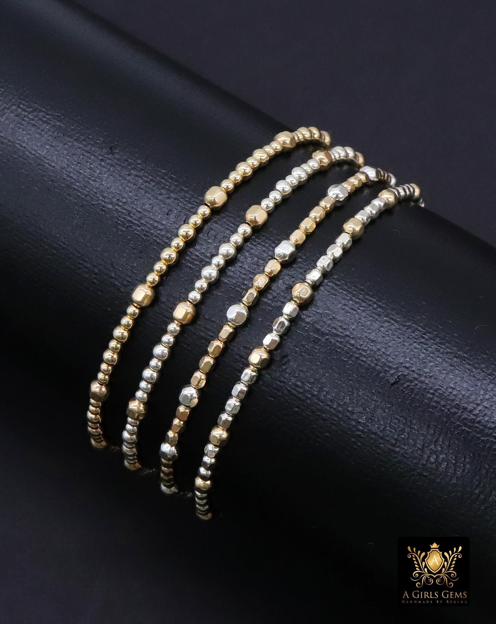 14K Gold Filled Nugget Beaded Bracelet, 925 Sterling Silver Mixed Metal Stretchy Women's Bangle, Faceted Nugget Stacking Bracelets