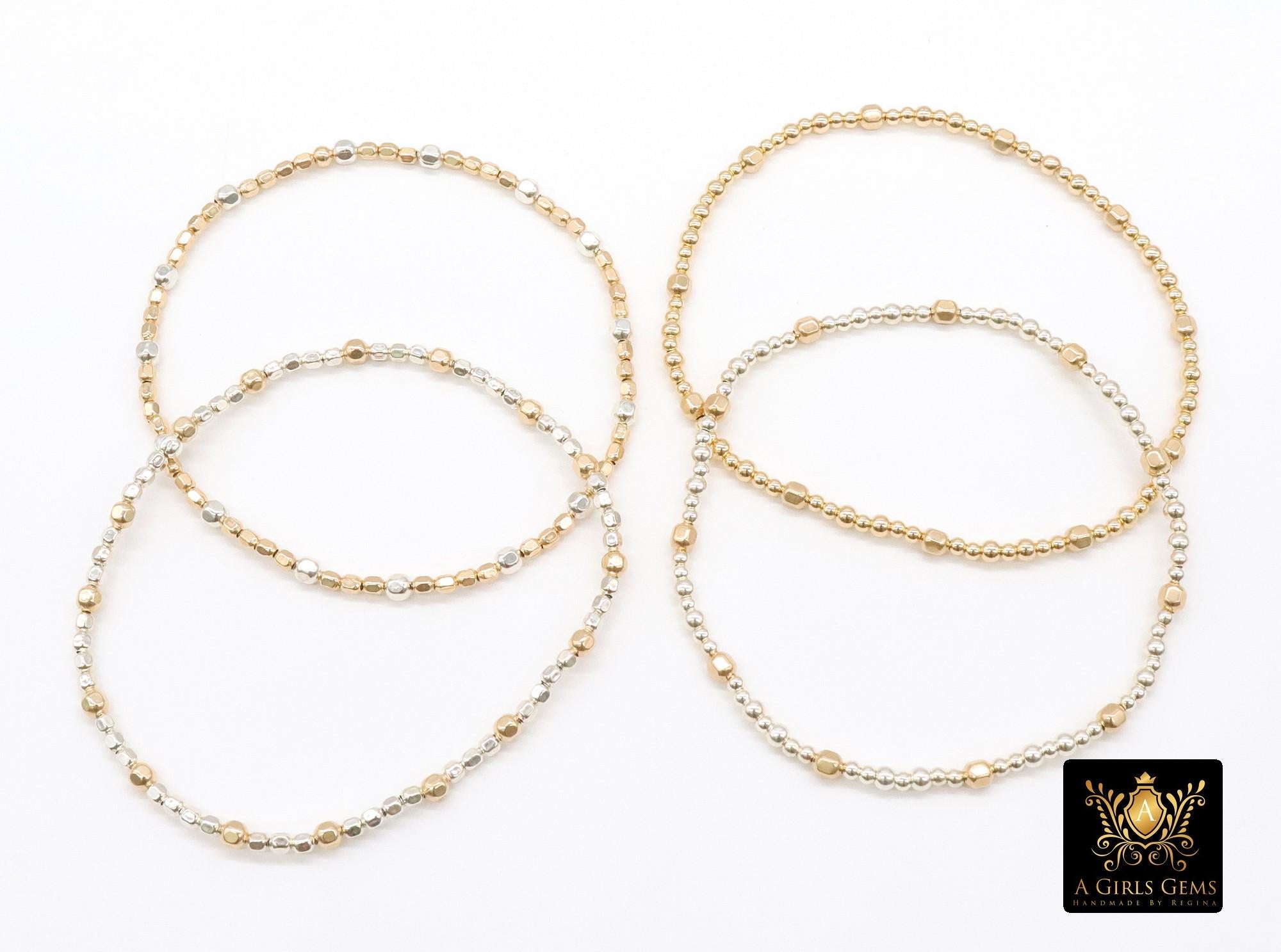 14K Gold Filled Nugget Beaded Bracelet, 925 Sterling Silver Mixed Metal Stretchy Women's Bangle, Faceted Nugget Stacking Bracelets