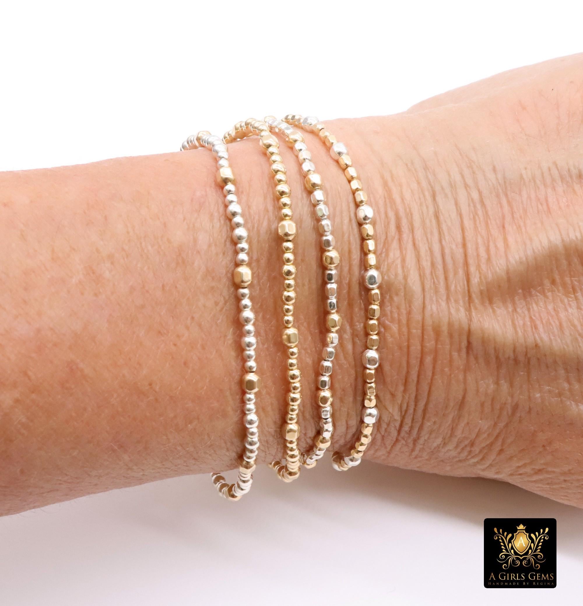 14K Gold Filled Nugget Beaded Bracelet, 925 Sterling Silver Mixed Metal Stretchy Women's Bangle, Faceted Nugget Stacking Bracelets, Handmade