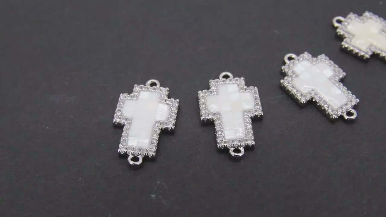 Silver Cross White Shell Connector, 12 mm Gold Cross Shell Links #3473, Clear Cubic Zirconia