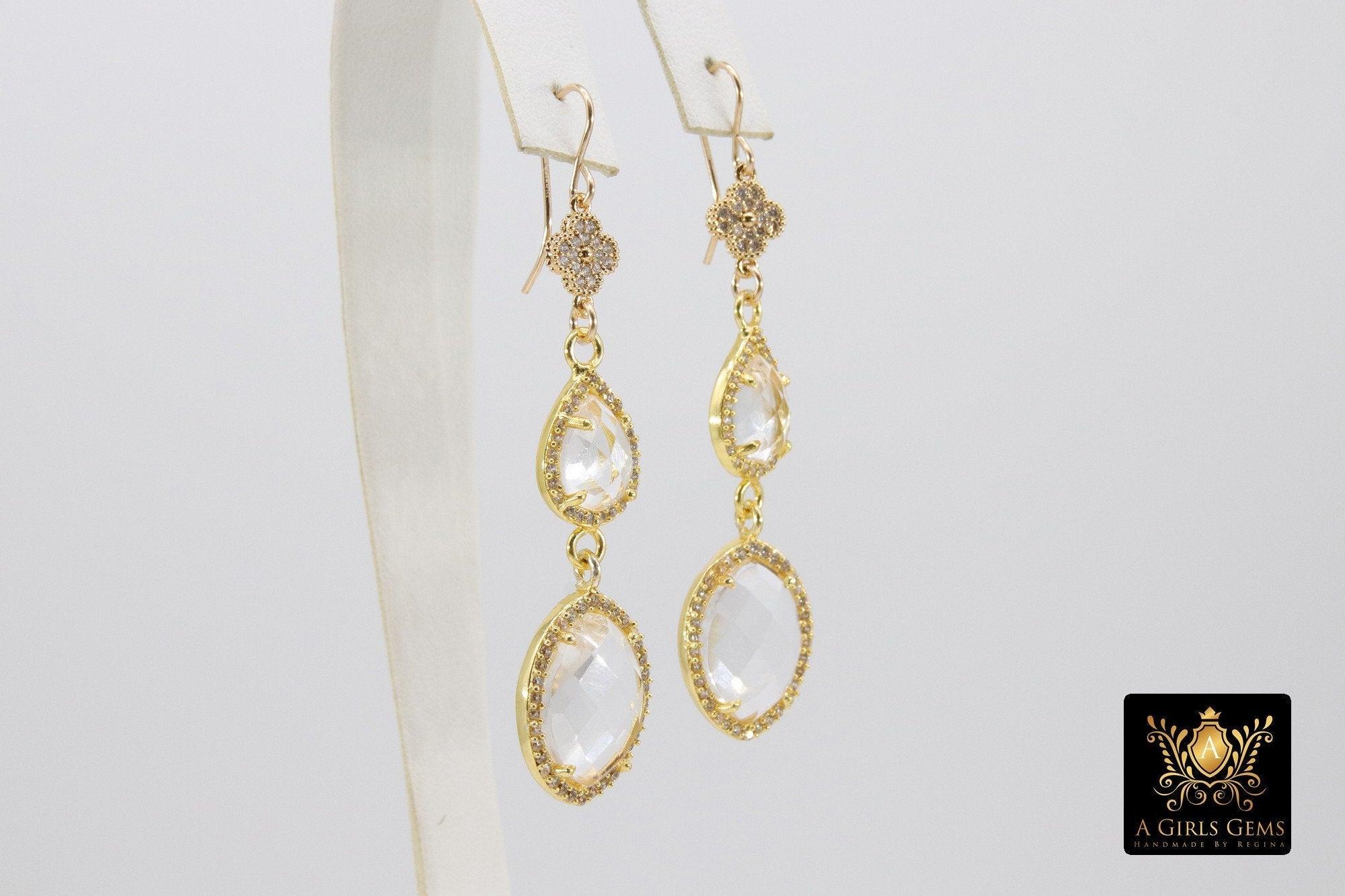 14 K Gold Crystal Quartz Earrings, Gemstones April CZ Diamond Birthstone Dangle Clover Ear Wire Hooks - A Girls Gems