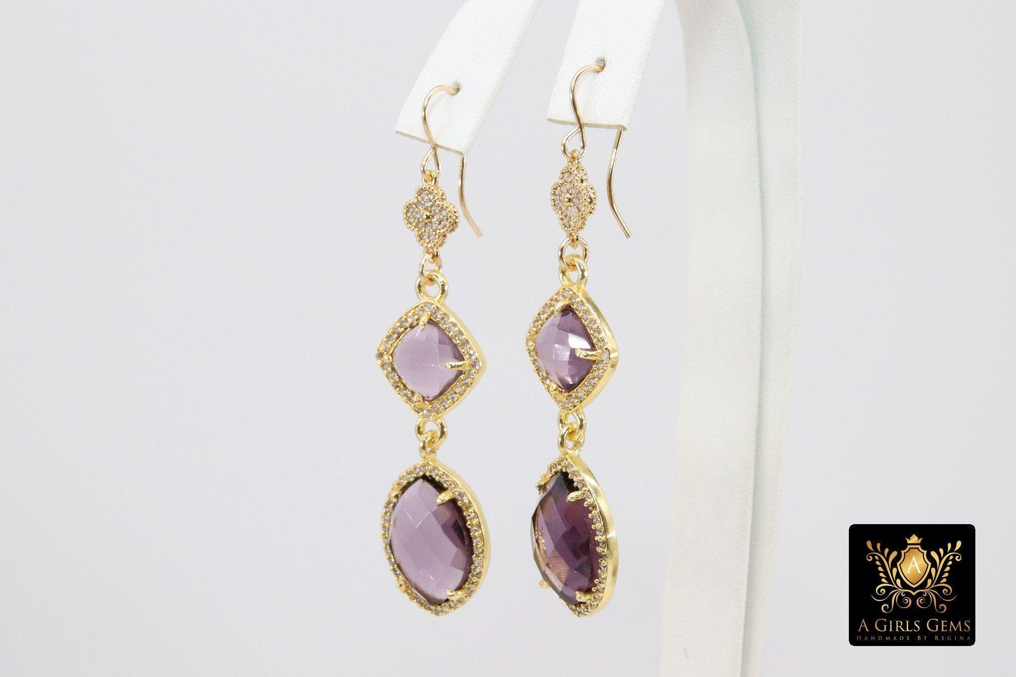 14 K Gold Amethyst Earrings, Gemstones February CZ Diamond Birthstone Dangle Clover Ear Wire Hooks, LSU Jewelry - A Girls Gems