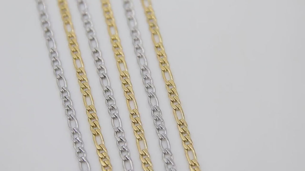 Stainless Steel Gold Figaro Faceted Chain, Silver Chains 7 x 3 and 4 x 3 mm Links, Unfinished Jewelry Chains By the Yard