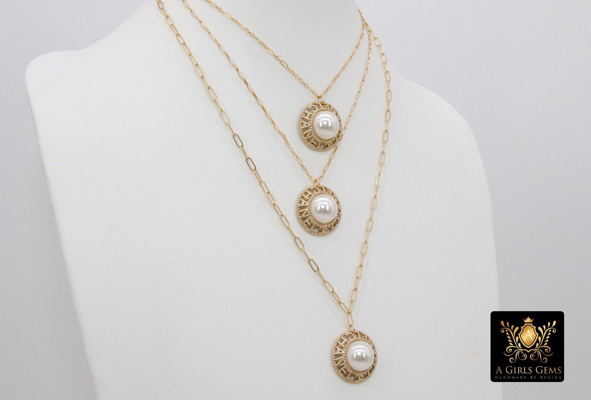 14 K Gold Filled Chain Repurposed Vintage Button Necklace, Gold Round Channel Pearl Button - A Girls Gems
