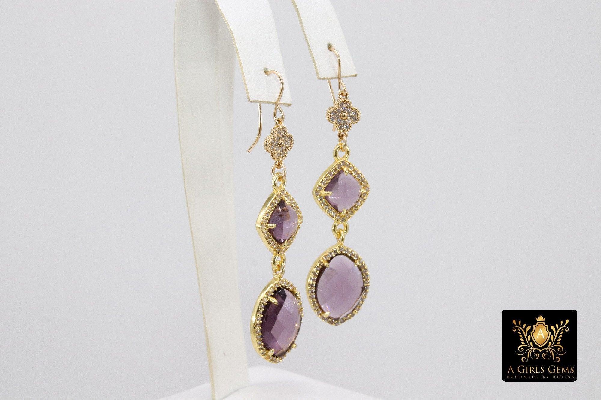 14 K Gold Amethyst Earrings, Gemstones February CZ Diamond Birthstone Dangle Clover Ear Wire Hooks, LSU Jewelry - A Girls Gems