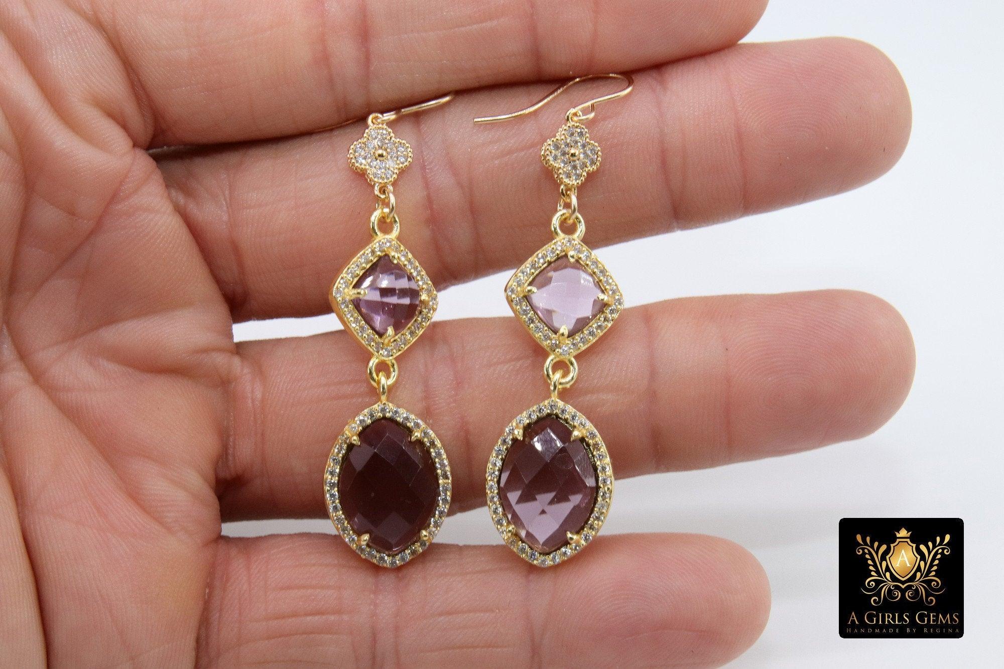 14 K Gold Amethyst Earrings, Gemstones February CZ Diamond Birthstone Dangle Clover Ear Wire Hooks, LSU Jewelry - A Girls Gems