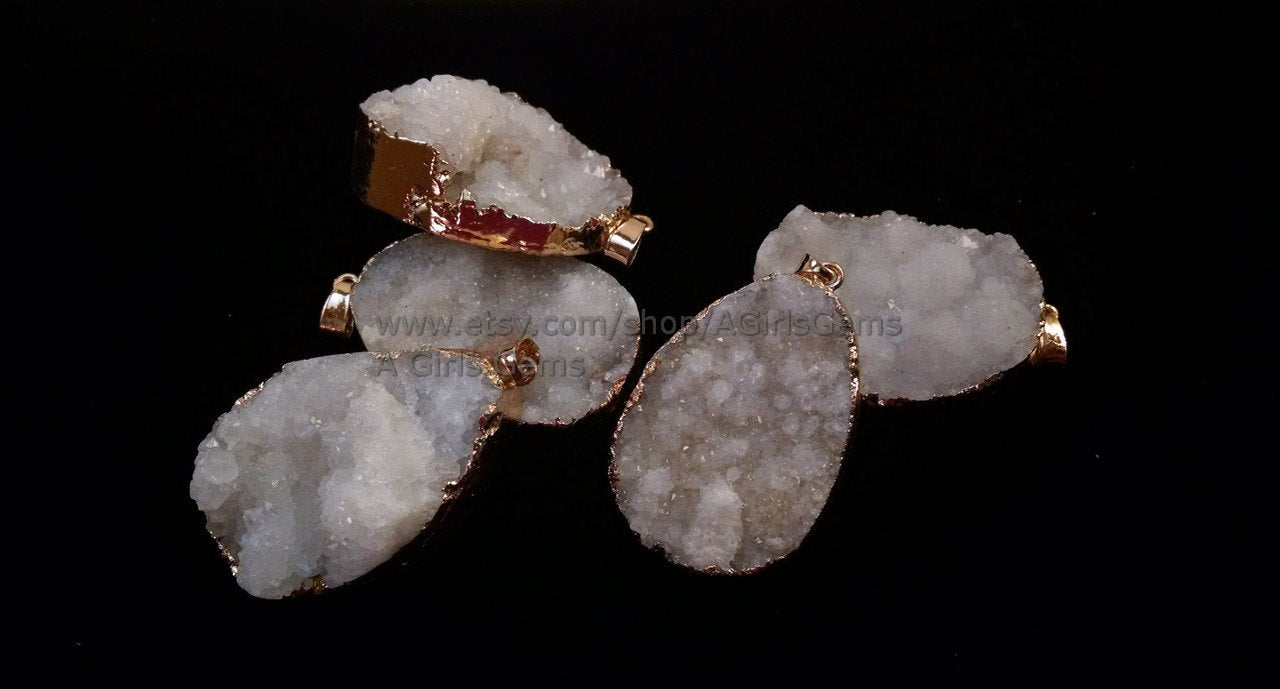 Gold Edge White Druzy Pendant, Natural Crystal Quartz Charm, Necklace Jewelry Supplies - A Girls Gems