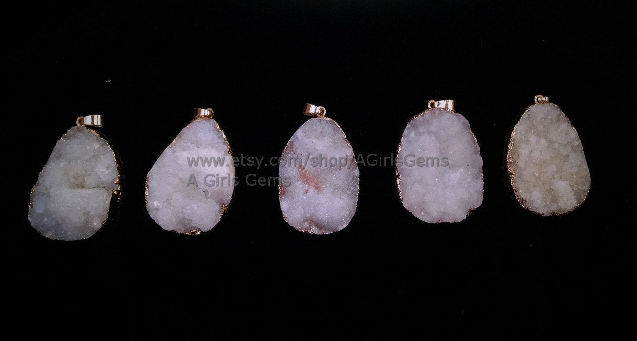 Gold Edge White Druzy Pendant, Natural Crystal Quartz Charm, Necklace Jewelry Supplies - A Girls Gems