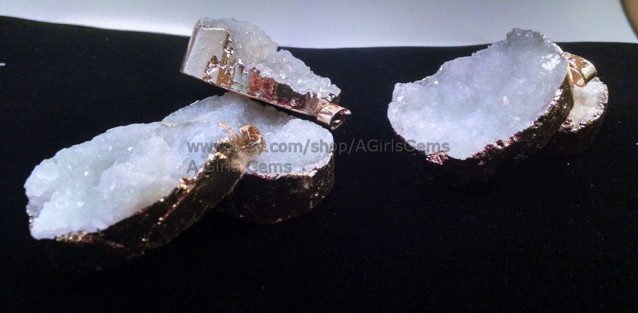 Gold Edge White Druzy Pendant, Natural Crystal Quartz Charm, Necklace Jewelry Supplies - A Girls Gems