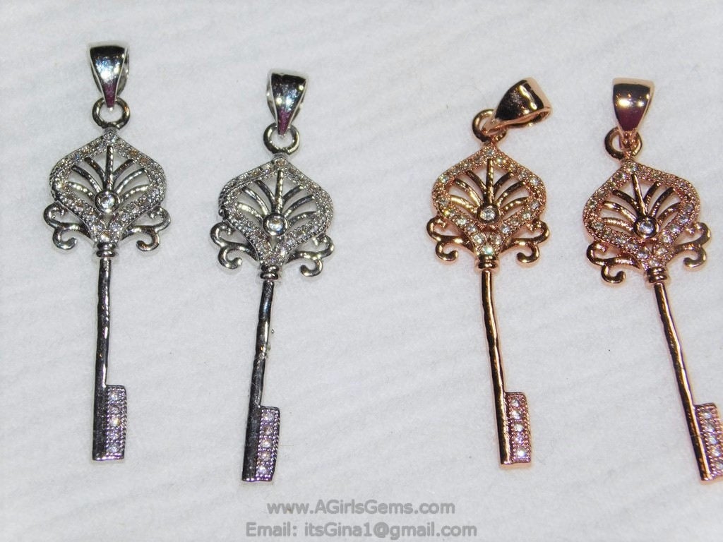 CZ Rose Gold Cubic Zirconia Paved Key Bead Key Pendant Link Key Charm Dangle Pendant - A Girls Gems