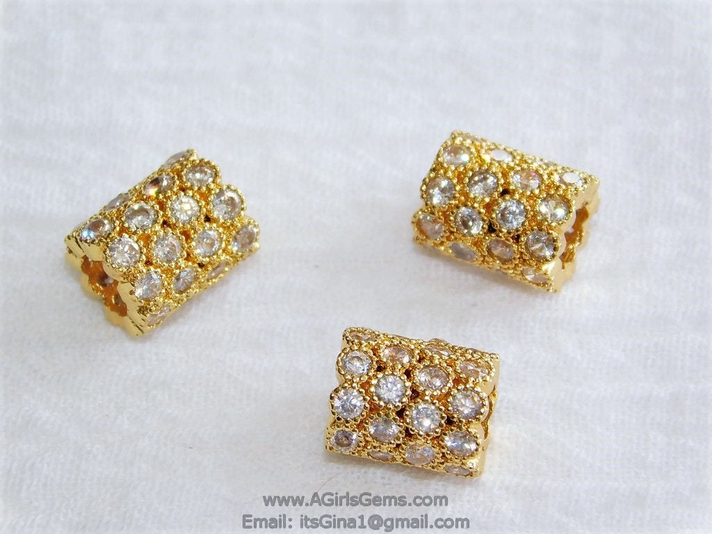 CZ Micro Pave Beads, 2 Pcs Tube Beads 5 mm x 8 mm Cubic Zirconia Hexagon Honeycomb Focal beads, Silver, Gold, Rose Big Hole Beads - A Girls Gems
