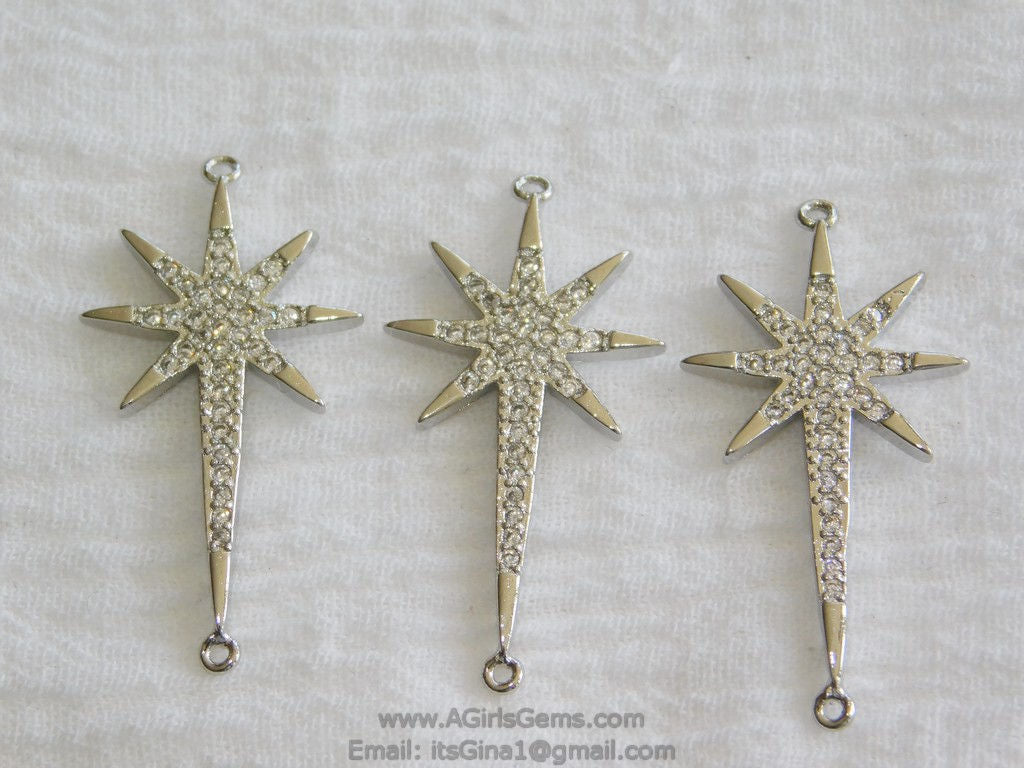 CZ Micro Pave Starburst Connector, Silver North Star Connector Bead #116, Cubic Zirconia Star Links