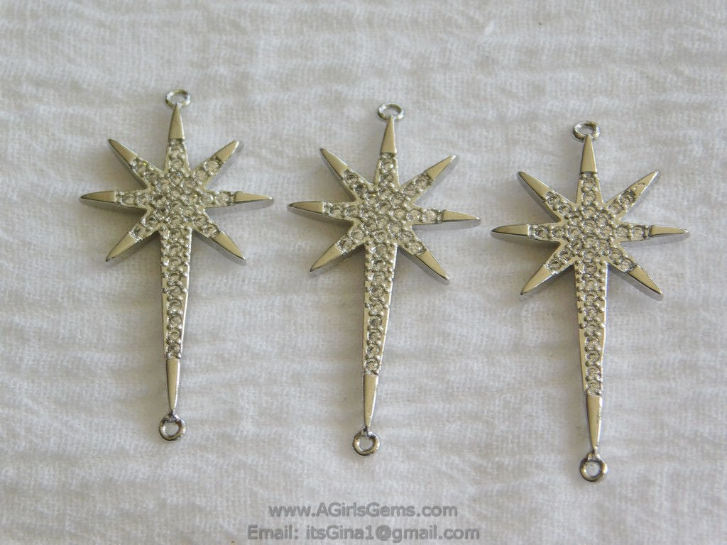 CZ Micro Pave Starburst Connector, Silver North Star Connector Bead #116, Cubic Zirconia Star Links