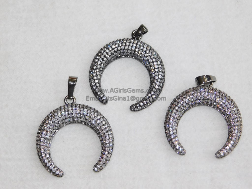 CZ Micro Pave Double Horn Pendants,Crescent Moon Charms, Cubic Zirconia Cow Horns - A Girls Gems
