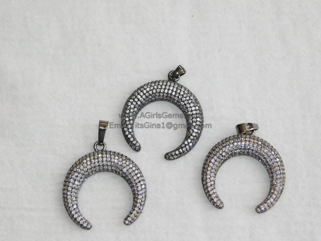 CZ Micro Pave Double Horn Pendants,Crescent Moon Charms, Cubic Zirconia Cow Horns - A Girls Gems