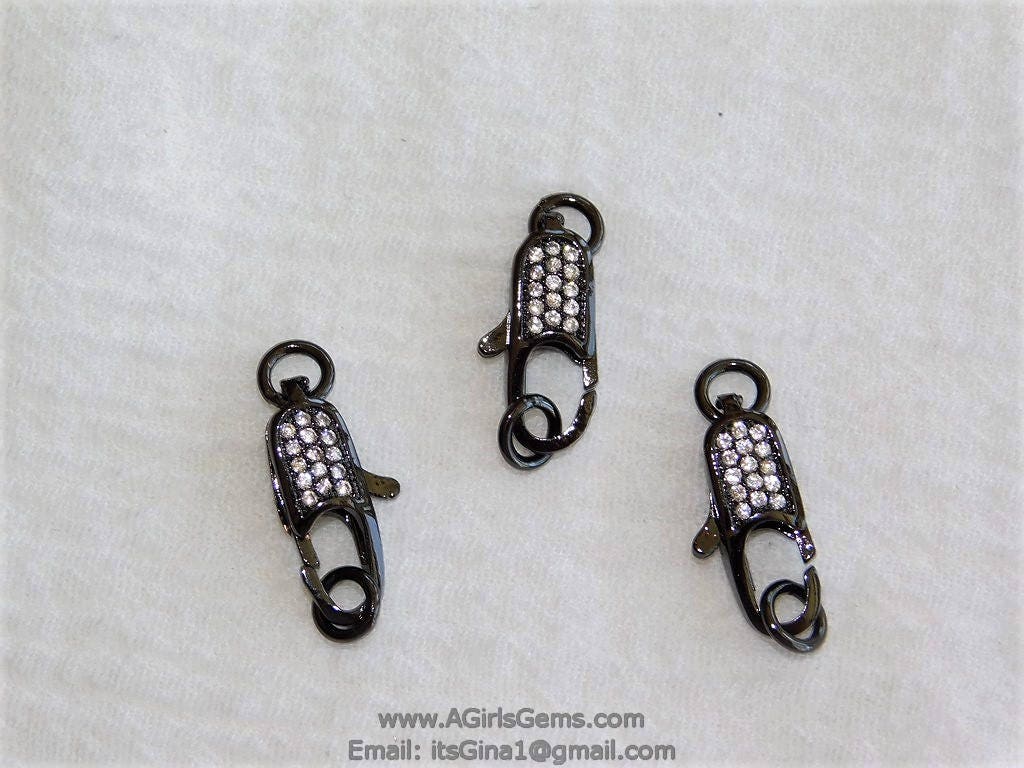 CZ Micro Pave Black Long Lobster Clasp, Small Double Sided #29, Micro Pave Cubic Zirconia Connector for Bracelets - A Girls Gems