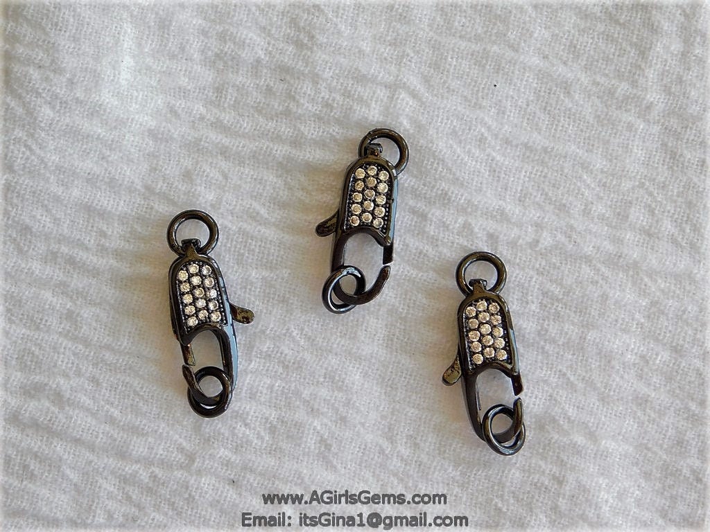 CZ Micro Pave Black Long Lobster Clasp, Small Double Sided #29, Micro Pave Cubic Zirconia Connector for Bracelets - A Girls Gems
