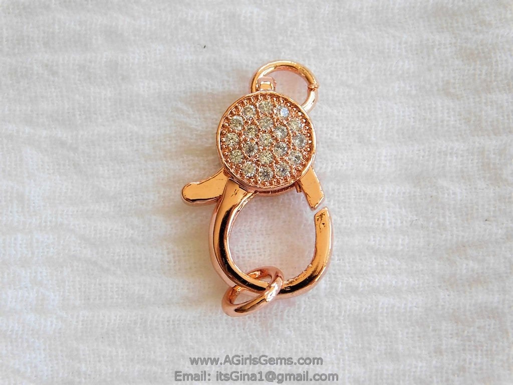 Medium Rose Gold Plated Lobster Claw Clasp and Jump rings 13 mm x 25 mm Connector bead chain necklace Cubic Zirconia Paved CZ Findings - A Girls Gems