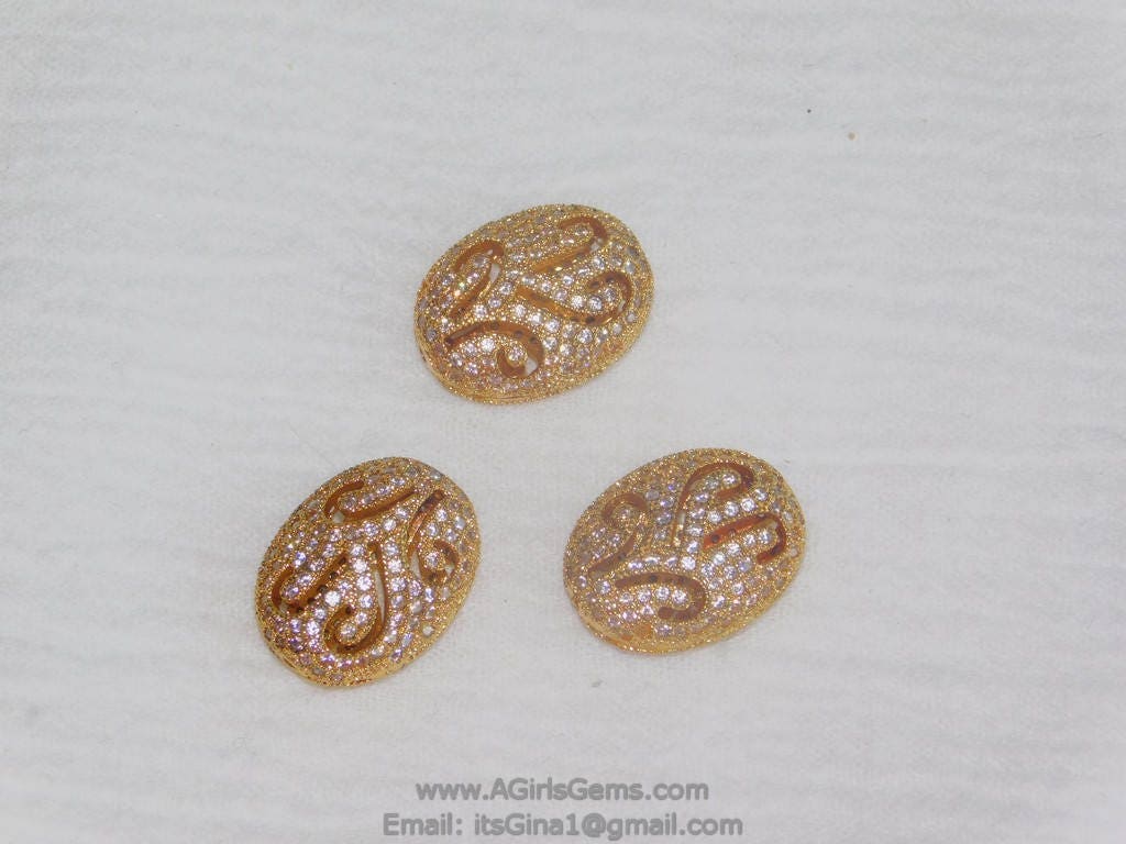 Egg Beads, Gold Oval Beads 11 x 15 mm, CZ Micro Pave Beads *Elegant* Filigree Focal Bead Spacers