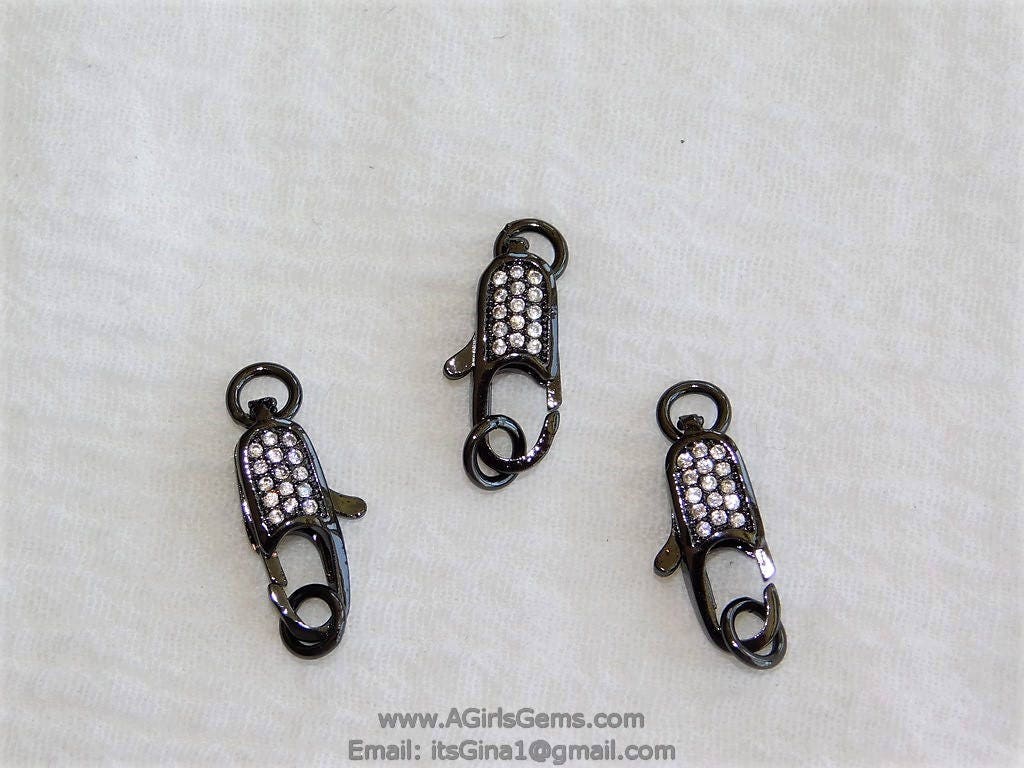 CZ Micro Pave Black Long Lobster Clasp, Small Double Sided #29, Micro Pave Cubic Zirconia Connector for Bracelets - A Girls Gems