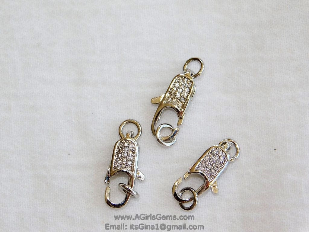Small CZ Lobster Clasp, Gold Double Sided Tiny Claw #29, 7 x 15 mm Micro Pave Cubic Zirconia for DIY Rosary Bracelet Necklace