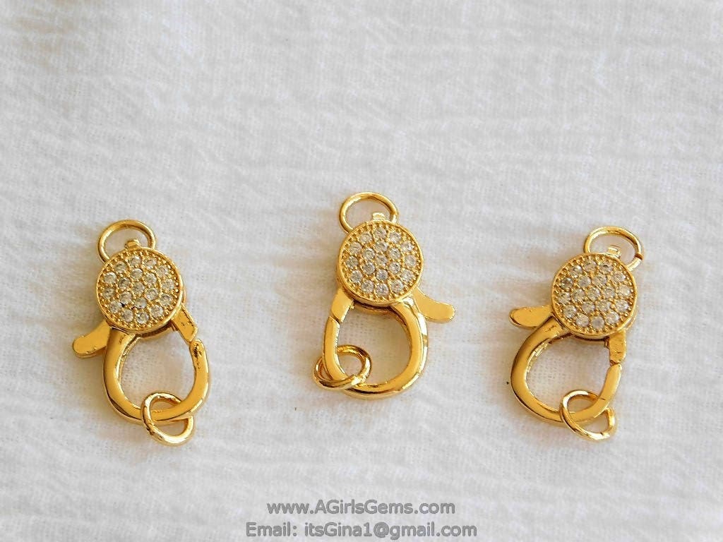 Small Gold Lobster Claw Clasp, 13 mm x 25 mm Connector bead #37, Cubic Zirconia Paved CZ Findings