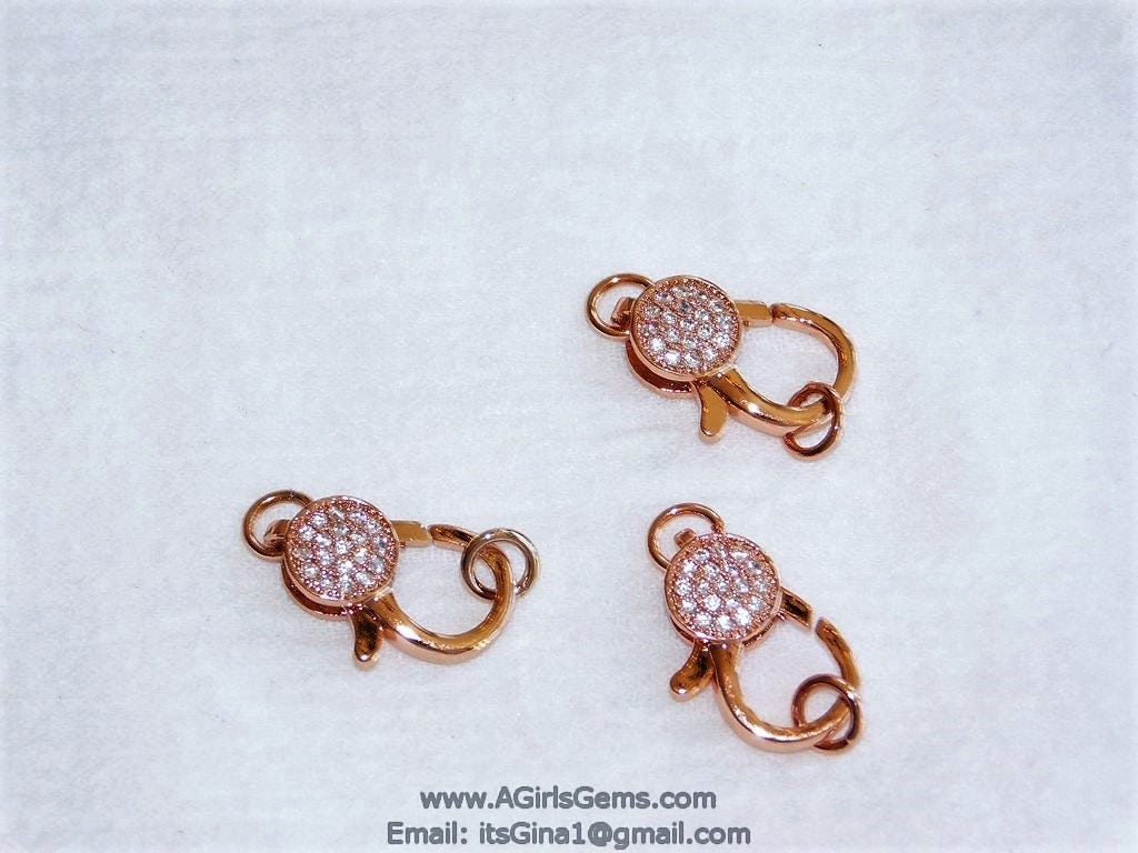 Medium Rose Gold Plated Lobster Claw Clasp and Jump rings 13 mm x 25 mm Connector bead chain necklace Cubic Zirconia Paved CZ Findings - A Girls Gems