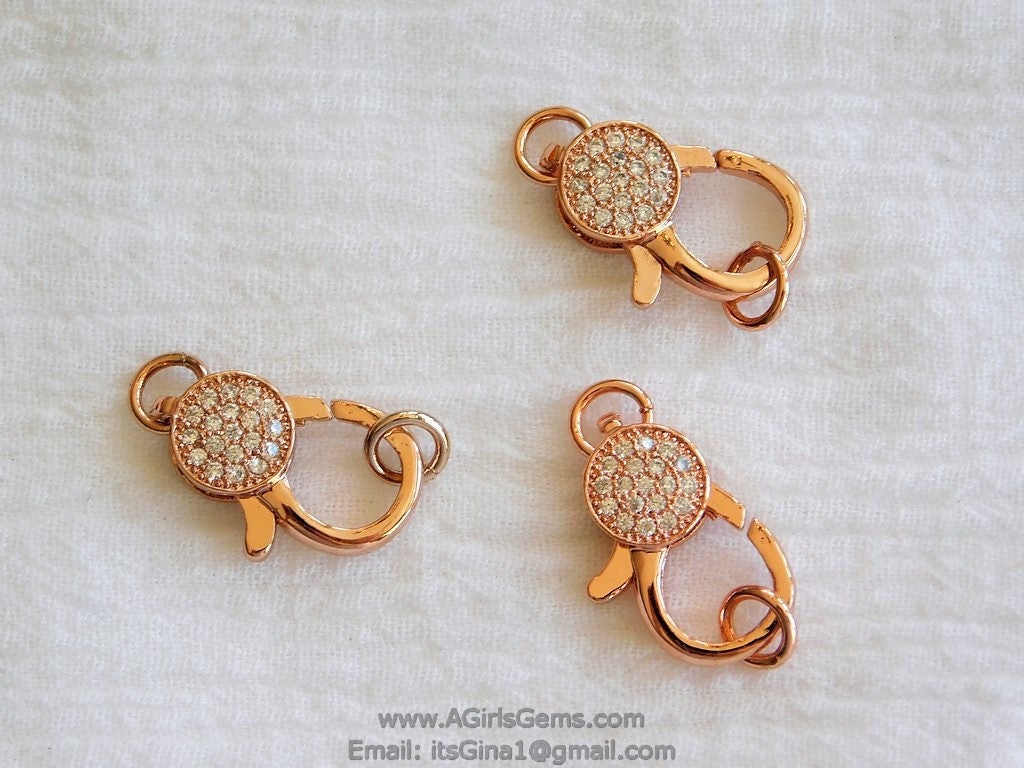 Medium Rose Gold Plated Lobster Claw Clasp and Jump rings 13 mm x 25 mm Connector bead chain necklace Cubic Zirconia Paved CZ Findings - A Girls Gems
