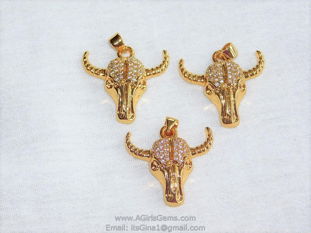 Cow Skull CZ Micro Pave Gold Plated Bull Skull Pendant Boho Cubic Zirconia Ox Longhorn Skull Cowboy Supplies Crafts Supplies Bull Skull - A Girls Gems