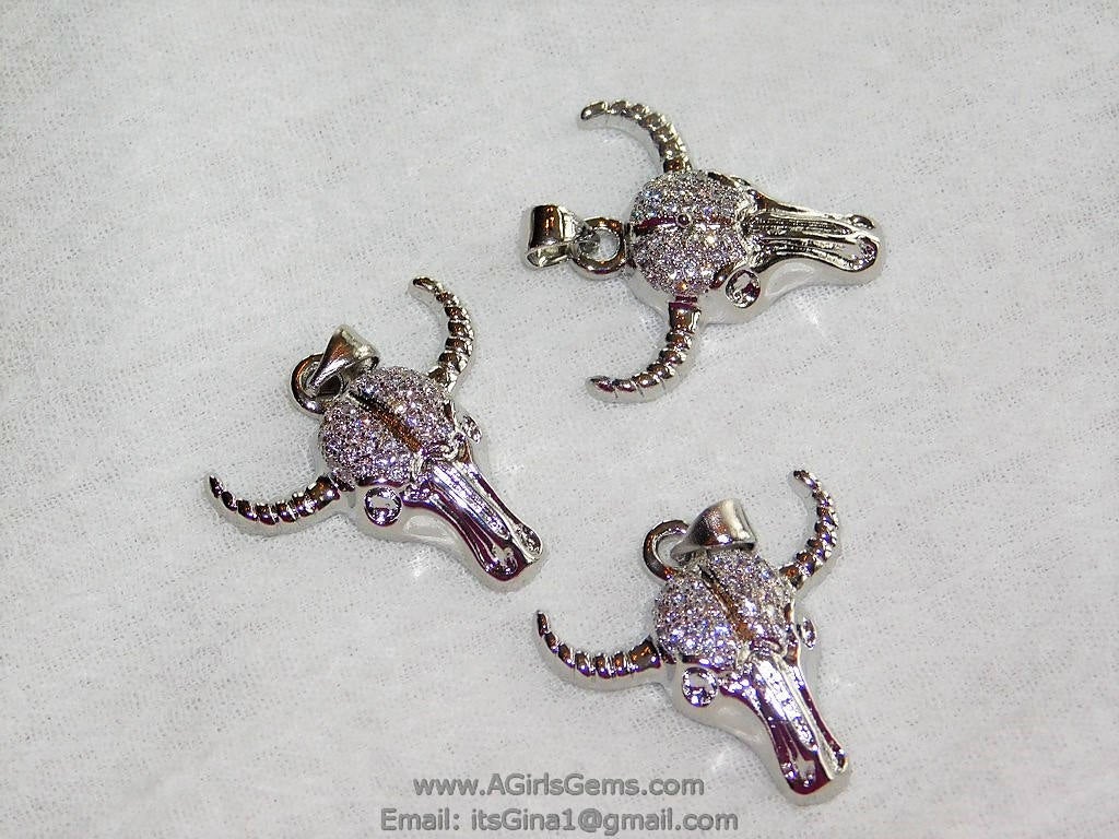 Cow Skull CZ Micro Pave Silver Bull Skull Pendant Boho Cubic Zirconia Ox Longhorn Skull Cowboy Supplies Crafts Supplies Bull Skull - A Girls Gems