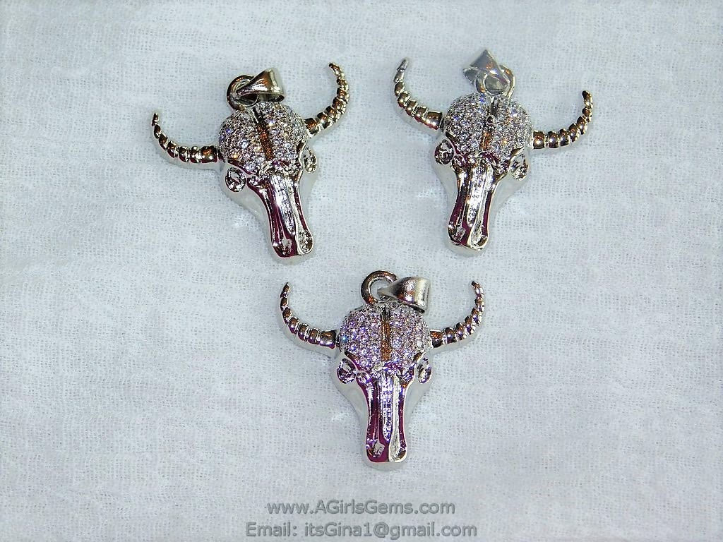 Cow Skull CZ Micro Pave Silver Bull Skull Pendant Boho Cubic Zirconia Ox Longhorn Skull Cowboy Supplies Crafts Supplies Bull Skull - A Girls Gems