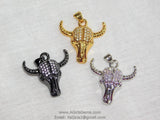 Cow Skull CZ Micro Pave Silver Bull Skull Pendant Boho Cubic Zirconia Ox Longhorn Skull Cowboy Supplies Crafts Supplies Bull Skull - A Girls Gems
