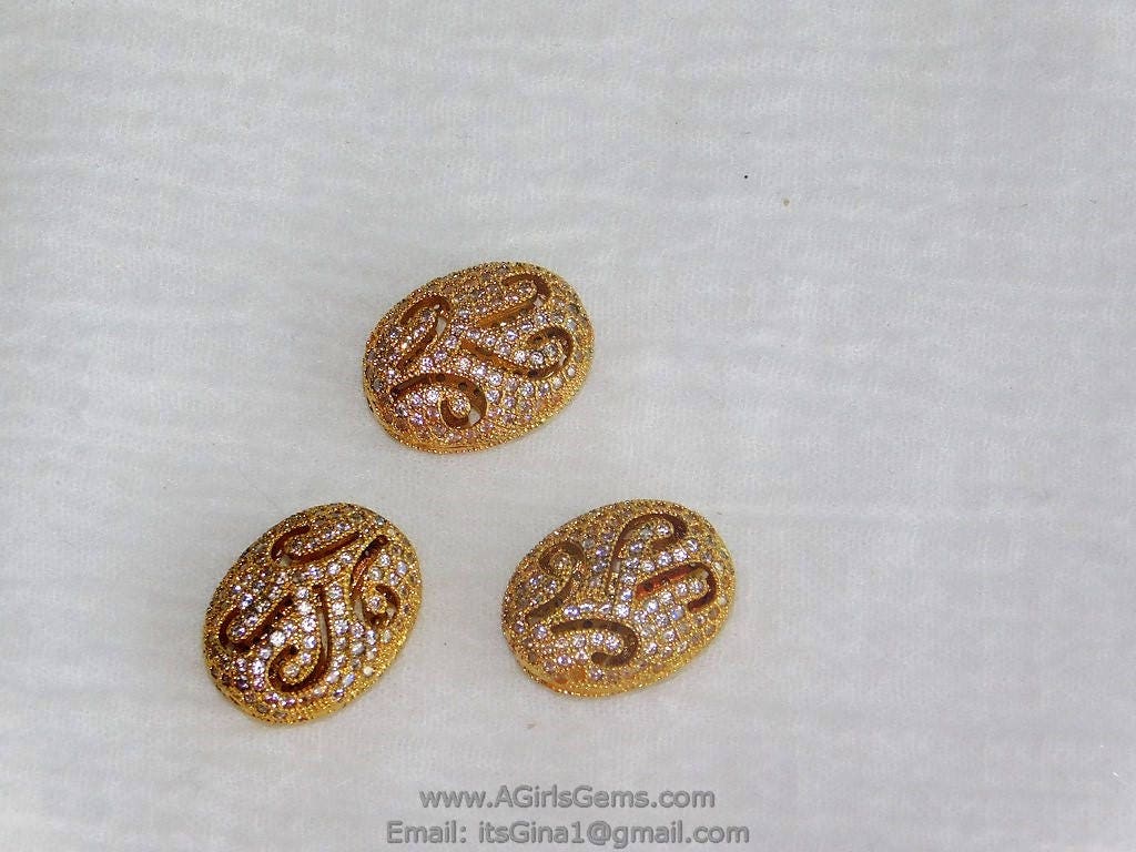 Egg Beads, Gold Oval Beads 11 x 15 mm, CZ Micro Pave Beads *Elegant* Filigree Focal Bead Spacers