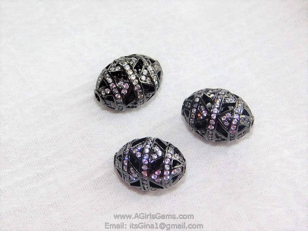 CZ Micro Pave Black Oval Bead, Clear Cubic Zirconia Focal Bead Spacers #474, sizes 11 x 16 or 14 x 18 mm - A Girls Gems