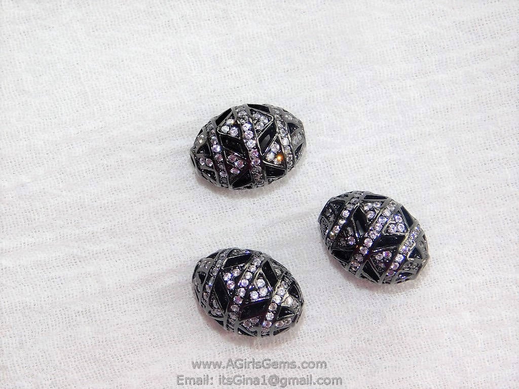CZ Micro Pave Black Oval Bead, Clear Cubic Zirconia Focal Bead Spacers #474, sizes 11 x 16 or 14 x 18 mm - A Girls Gems