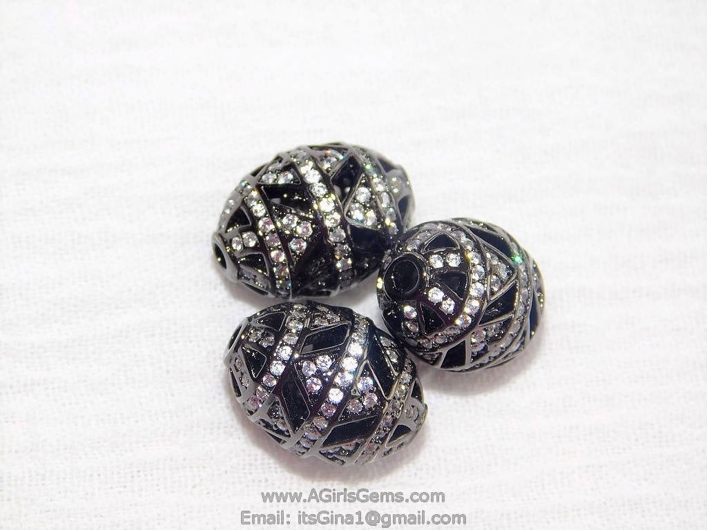 CZ Micro Pave Black Oval Bead, Clear Cubic Zirconia Focal Bead Spacers #474, sizes 11 x 16 or 14 x 18 mm - A Girls Gems
